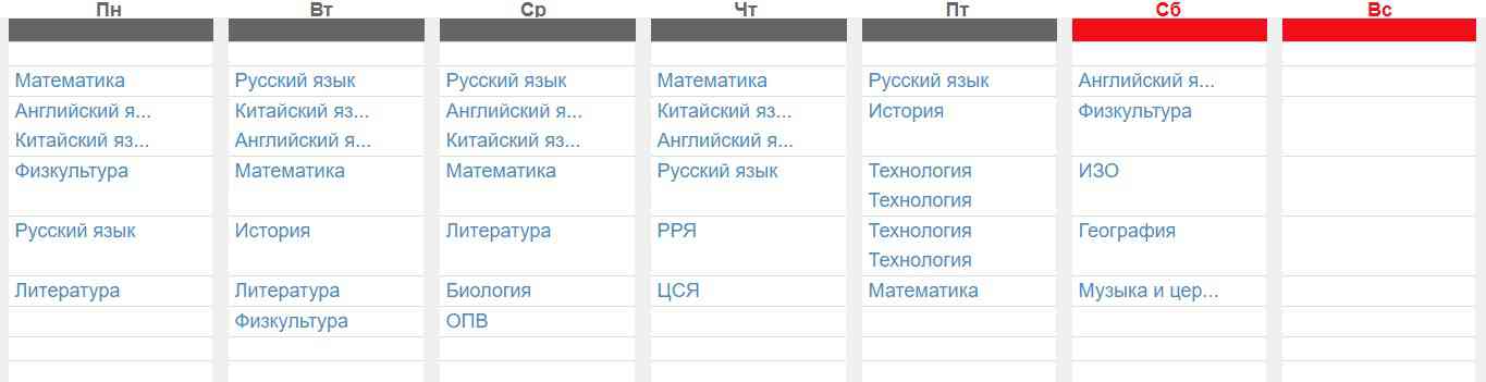 Расписание уроков 5А